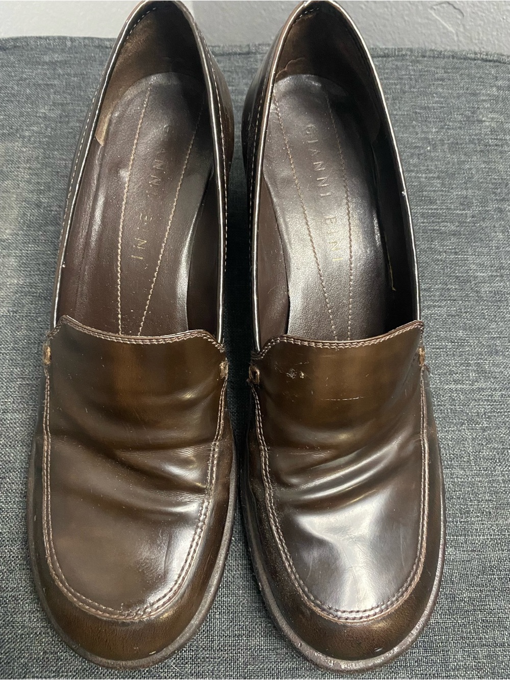 Gianni Bini Vintage Brown Leather Slip-On Loafers- 2” Stacked Heel
